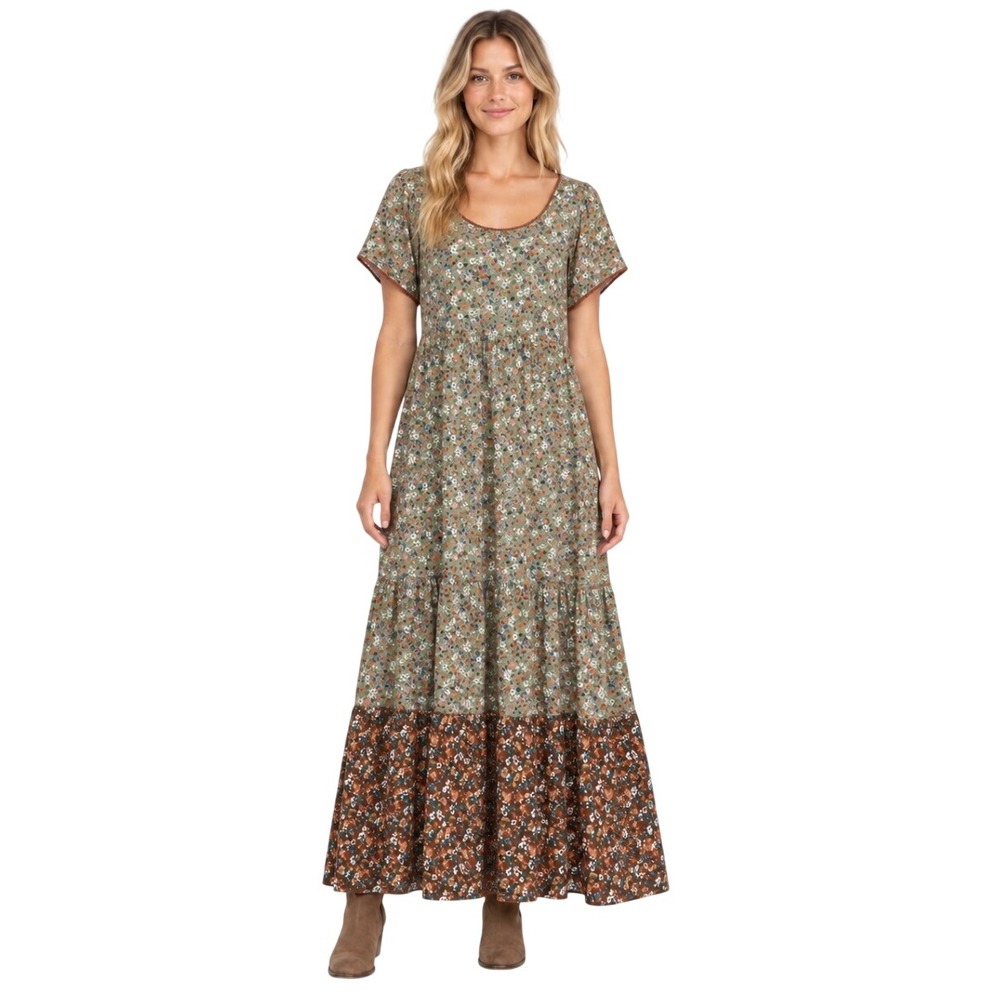 NWT Natural Life Floral Tiered Maxi Dress Small Green Brown Boho Short Sleeve